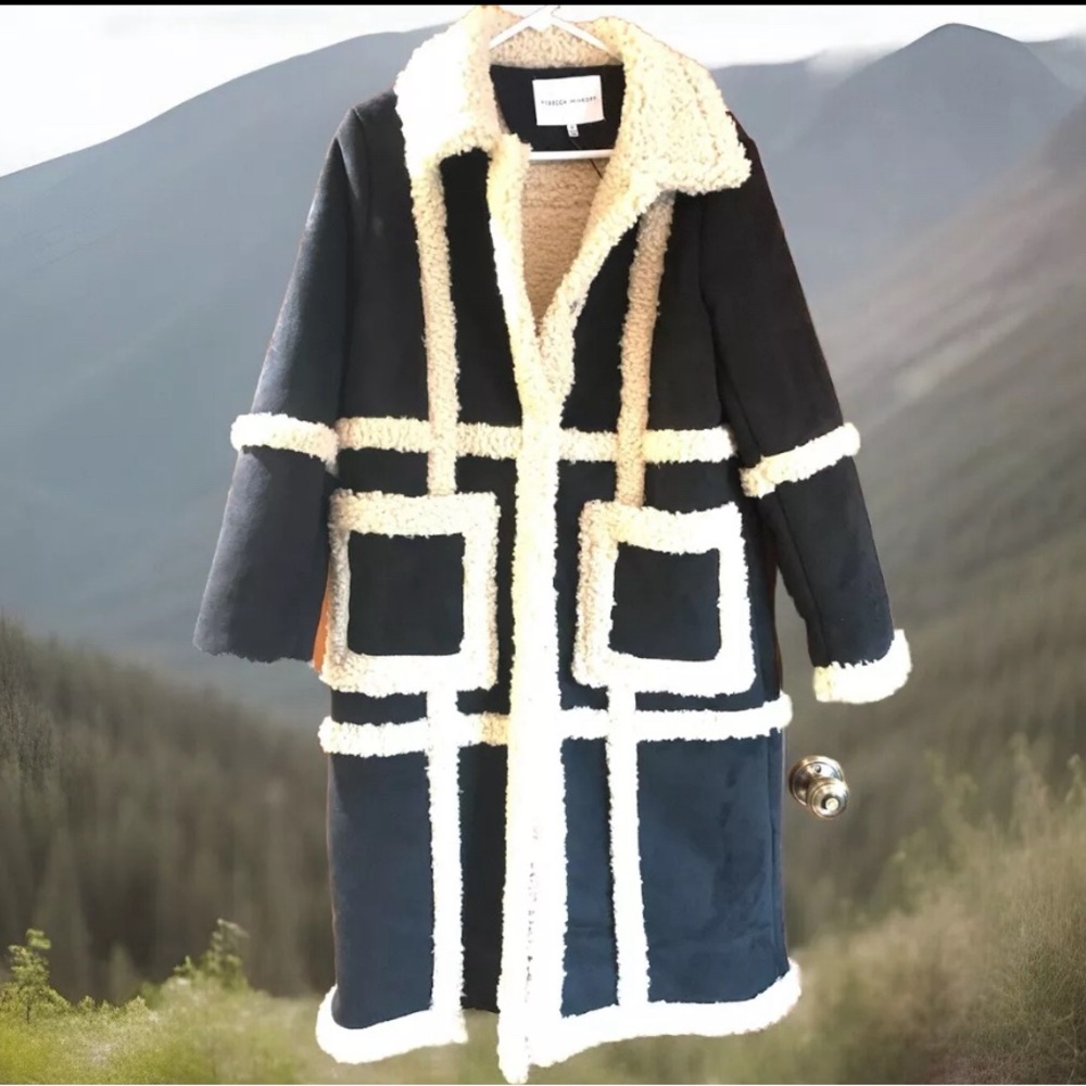 NWT Rebecca Minkoff M Boho Vegan Suede Shearling Wool Designer Coat Black $398
